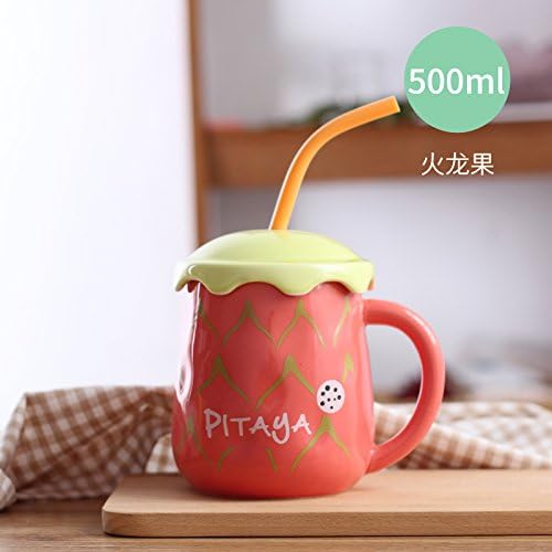 MOCER Creative Personality Ceramic Cup Mug with Lid Belt Spoon Cute Child with Straw Student Couple Drinking Cup Breakfast Cup, Dragon Fruit (500Ml)