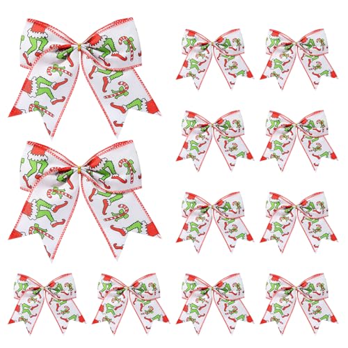 12 Pcs Christmas Bows Decorations Large Christmas Tree Bows Xmas Wreath Ribbons Ornaments Halloween Party Gift Decor Red Green