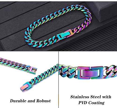 Huamingsh 10Mm Rainbow Colorful Gold Plated Titanium Stainless Steel Cuban Link Bracelet For Men Women Bangle Cuff Curb Chain Hip Hop Jewelry 8 Inches (Upmn027-8Hm) #TOP1