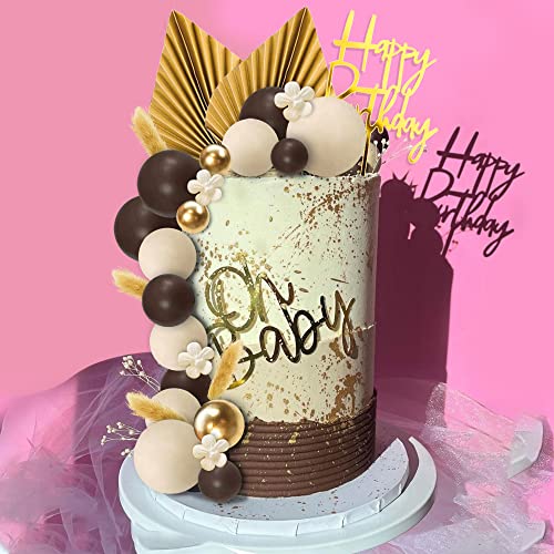 29 Pcs Flower Boho Cake Topper Balls Cake Decorations With Brown And Coffee Balls Golden Palm Leaves Artificial Plants For Wedding Baby Shower Oh Baby Boys Girls Birthday Themed Party Supplies (Coffe Brown) #TOP3