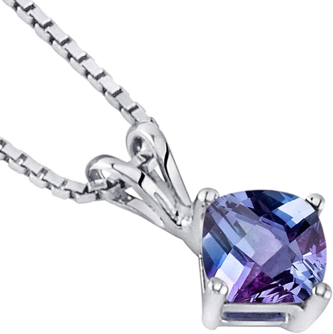 PEORA 14K White Gold Created Alexandrite Pendant for Women, Color-Changing Classic Solitaire, 1 Carat Cushion Cut 6mm AAA Grade, Change Jewelry, June Birthstone, w/Box
