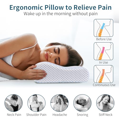 Memory Foam Pillows Neck Pillow for Pain Relief, Ergonomic Cervical Pillow Neck Shoulder Support Bed Pillow for Side Back Stomach Sleeper, Orthopedic Contour Pillow for Sleeping(Blue&White)