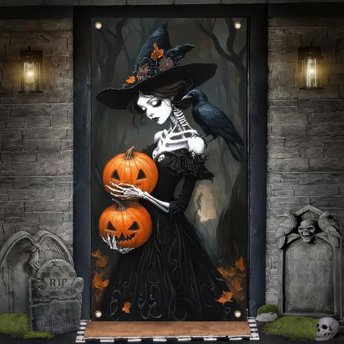 Image of BlissYard Halloween Door Cover Pumpkin Skeleton Witch 35 x 71 Inch