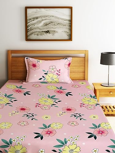 Image of Home Sizzler 144TC Garden Escape Pink Floral Single Bedsheet with 1 Pillow Cover