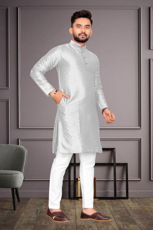Image of Men's Self Design Cotton Silk Kurta