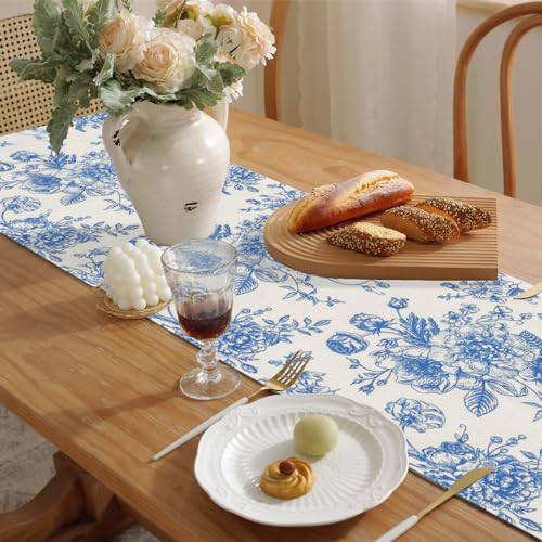 Dremisland Blue Table Runner Farmhouse 95 Inch Retro Monochrome Sketch Rose Table Runner Rustic Table Cover Spring Kitchen Dining Table Decoration for Home Party Decor - Image 3