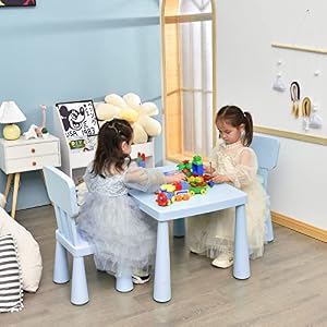 COSTWAY 3 Piece Kids Table and Chairs Set Lightweight Plastic Children Activity Center for Reading Writing Painting Snack Time Kids Furniture Art Study Desk Chairs Set for Ages 1 7 Blue