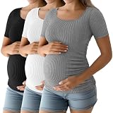 Riyiper 3 Pack Women's Maternity Cotton Ribbed Tops Scoop Neck Short Sleeve Pregnancy T-Shirts Side Ruched Mama Clothes(Light Gray, White, Black,X-Large)
