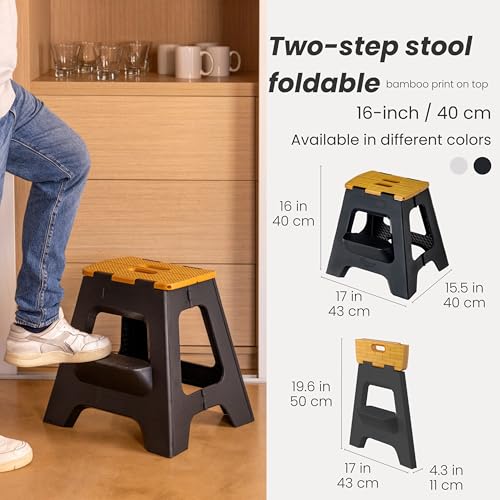 Image of Vigar Compact Folding Step Stool, 16 in 2 Step, Black Bamboo Print