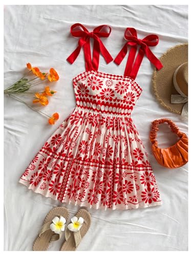 Image of Floerns Women's Summer Floral Print Tie Shoulder Cami Dress Flare Hem Boho Mini Dress