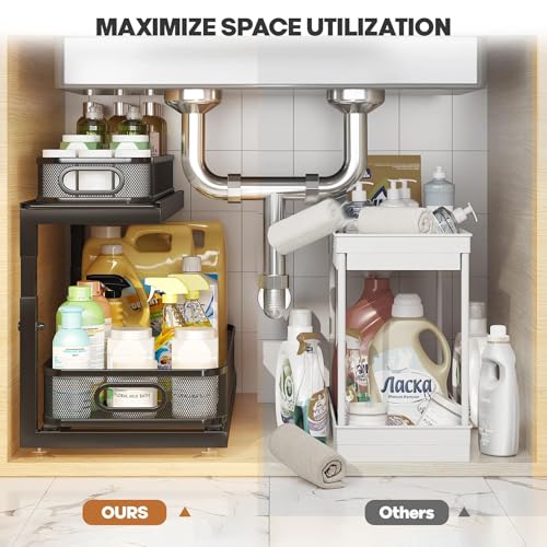 Image of 2-Pack 21.3 IN Depth Under Sink Organizer With Next-Gen Ball-Bearing Slides,Sophisticated Mesh 2-Tier Pull Out Shelf for Kitchen & Bathroom,Fits Small Items-Black