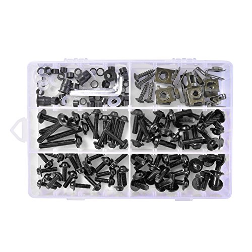 Kreema 177pcs Pare-Brise de Moto carénage boulons écrous vis rondelle kit Clips de Fixation métal Premium pour Yamaha Honda Suzuki Kawasaki (Noir)