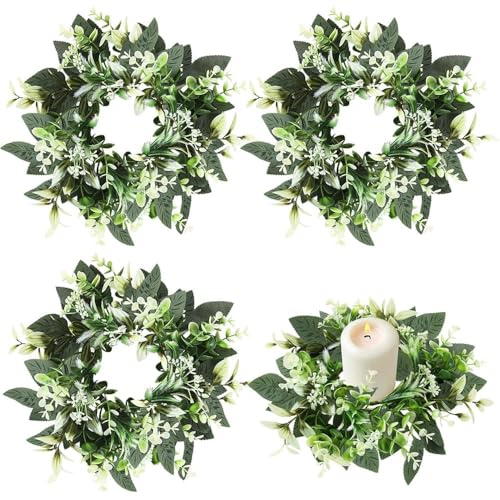 4 PCS Small Eucalyptus Leaves Cabinet Wreath Artificial Mini Spring Summer Greenery Kitchen Wreaths Vintage Swags Wreath with Retro Burlap Ribbon for Farmhouse Rustic Home Door Wedding Wall Decor