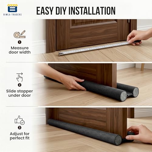 Image of Door Draft Stopper PVC Size 42Inch | Under Door Dust & Noise Blocker | Cold & Heat Insulation Strip | Door Gap Sealer for Home Doors & Windows | Easy Install | Black | Pack of 3