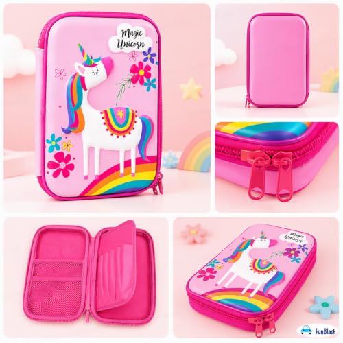 Image of FunBlast Unicorn Pencil Case for Kids - Multipurpose Hard Top Canvas Zipper Pencil Case, Pen & Pencil Pouch Bag Case for School Supplies for Kids (Pink)