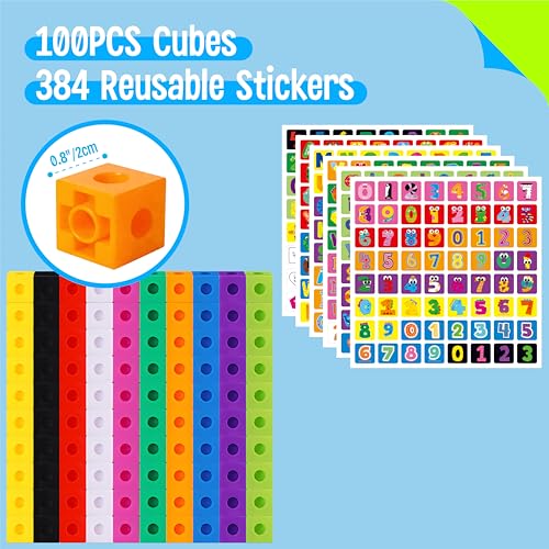 Image of 100 Math Linking Cubes, Math Cubes with 384 Reusable Stickers-Letters, Numbers, Shapes, Manipulative Geometric Connecting and Counting Blocks, Educational Toy for Kids Math Learning and Fun Activities