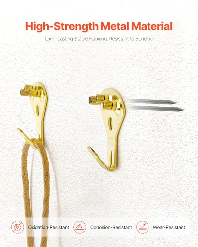 Image of VEVOR 130 Pieces Picture Hanging Kit, 10lb, 20lb, 30lb, 50lb, 75lb and 100lb Picture Hangers, Metal Pictures Hanging Hooks with Nails for Mirror, Painting, Photo Frame on Drywall & Wooden Wall, Gold