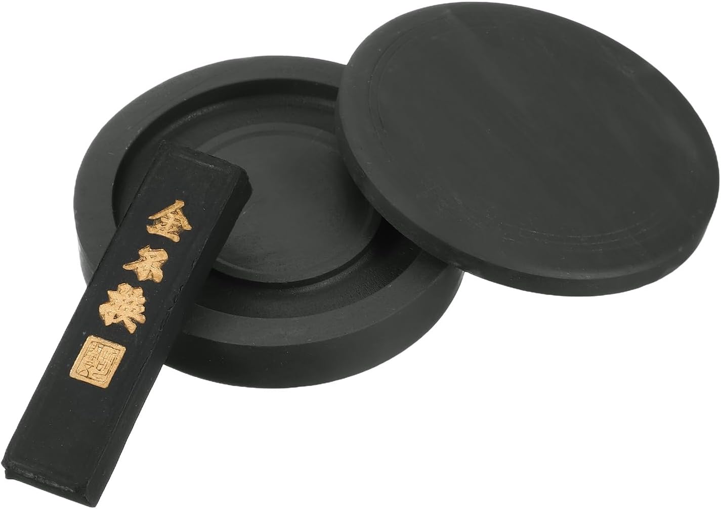 PATIKIL 6 Inch Chinese Calligraphy Inkstone with Ink Stick, Round Ink Stone Tray with Cover for Traditional Calligraphy Practice Painting Drawing Supplies, Black