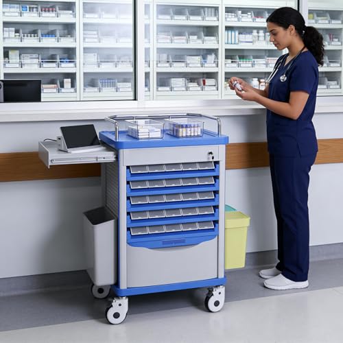 OLERN Medication Bins Cart with 200 Bins, 10 Drawers, Hidden Sub Workbench - Dual-Sided Open, 50 Medicine Boxes, Silent Casters, Container, 2 Trash Bin-Medical Crash Cart for Clinic, Hospital and Lab