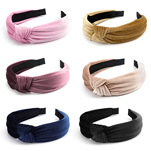 TOBATOBA 6 Pack Velvet Headbands for Women Wide Knotted Head bands Turban Headband Twist Knot Hairband Vintage Hair Hoops Fashion Hair Accessories with Solid Colors,6 Colors