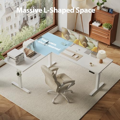 Image of Agilestic Triple Motors 73 inch x 60 inch L Shaped Standing Desk, Electric Standing Desk Adjustable Height, Extra Large Desktop Corner Table for Home Office, Gaming Workstation, Splice Board, White