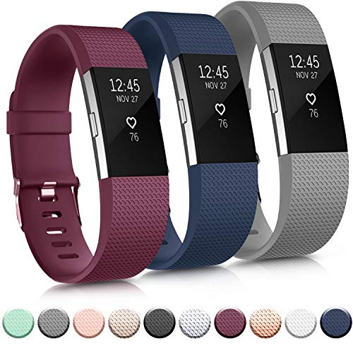 Pack 3 Replacement Bands Compatible for Fitbit Charge 2 Bands, Adjustable Accessory Soft Silicone Sport Wristband for Women Men (Small, Wine red+Grey+Navy Blue)