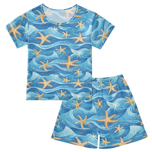 ALAZA Starfish Ocean Waves Pajama Set Short Sleeve Sleepwear Soft Lounge Nightwear