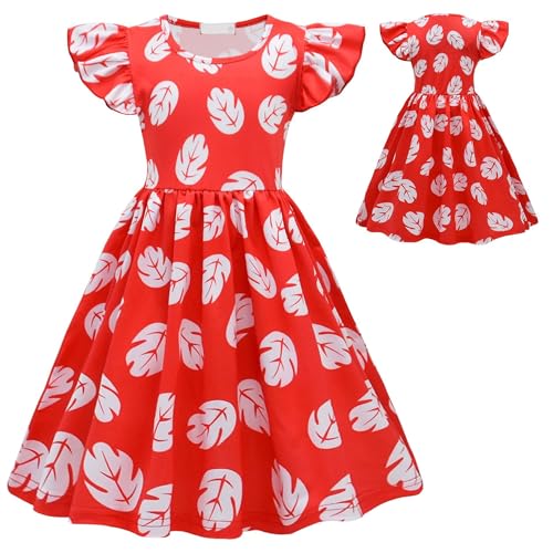 Hawaiian Luau Girls Dress Red Ruffled Tropical Leaf Skirt with Green Lei Set and Pineapple Sunglasses4