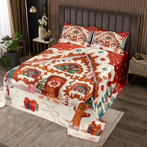 Feelyou Kids Christmas Theme Bedspread Queen Size Xmas Tree Gingerbread Man Snowman Candy House Coverlet Set for Boys Girls Happy New Year Winter Quilted Coverlet Room Decor