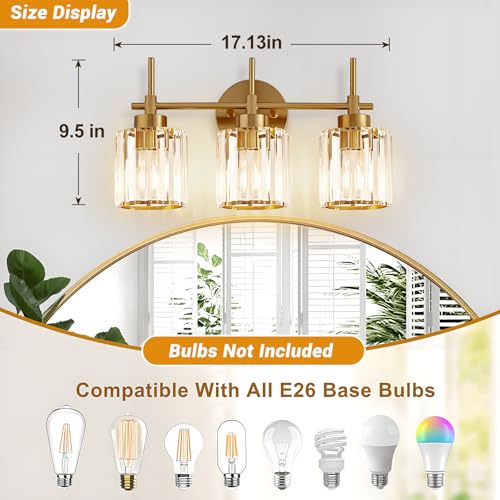 Image of EJIAXIN Bathroom Lighting Fixtures, 3 Light Gold Bathroom Light Fixtures with Clear Shades Modern Crystal Vanity Light Bath Room Vanity Lighting Over Mirror Wall Light
