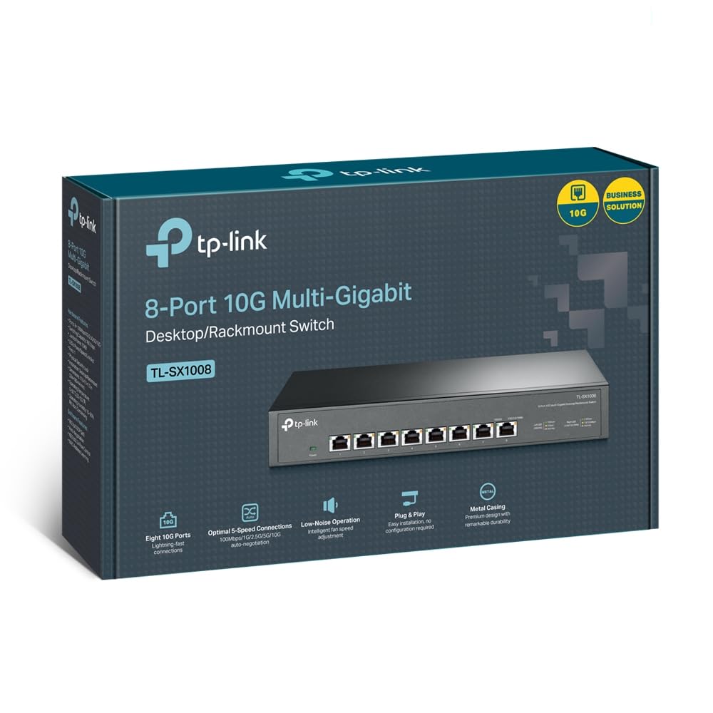 TP-Link TL-SX1008 - Switch ethernet, 8 x 10G, Plug & Play, silenciosa, NAS | Plug & Play, No Necesita Configuración. Diseño sin Ventilador, Silencioso. Carcasa Metálica.