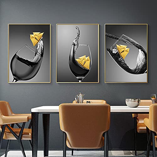 Art mural verre à vin et bateau | Tableau cuisine et salle à manger moderne 3 pièces 50x70cm