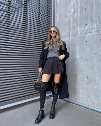 JustFab Thigh High Boots for Women - Black Faux Leather Over-the-Knee Boots with Chunky Heel - Jordane3