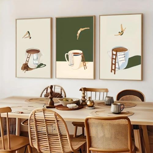 Lienzo de buceador de café para decorar un dormitorio moderno con arte divertido en tres piezas 4