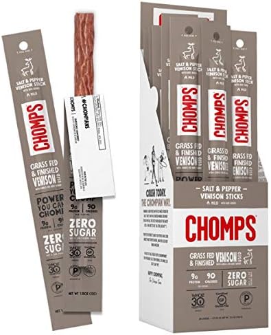 Chomps Grass Fed Venison Jerky Snack Sticks, Keto & Paleo, Whole30 Approved, Non-GMO, Gluten Free, Sugar Free, Nitrate Free, 90 Calorie Snacks, 1.15 Oz Meat Stick, Pack of 24