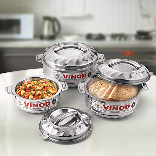 Vinod 3-Piece Insulated Casserole Food Warmer/Cooler Hot Pot Gift Set, 1000Ml+1500Ml+2500Ml, Stainless Steel #TOP3