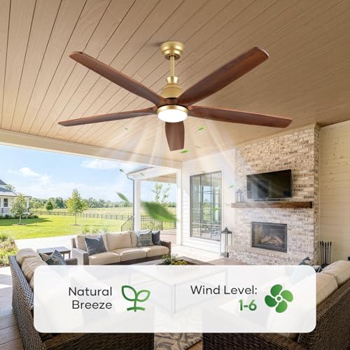 52 Inch Ceiling Fan with Lights, Gold Brass Finish, Solid Wood Ceiling Fan, Outdoor Damp Rated for Patio, High CFM Quiet Reversible DC Motor, Rustic Farmhouse Blades, for Indoor Living Room Bedroom ﻿ thumbnail 4