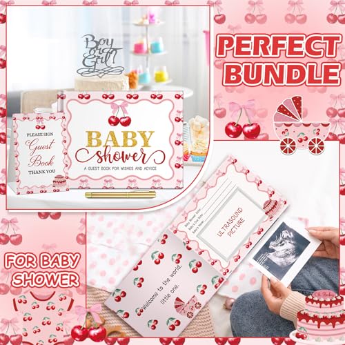Image of Fuyoooo 27 Pcs Cherry Baby Shower Guest Book Set Baby Shower Sign in Guest Book Place Table Cards with Gold Pen Adhesive Photo Corner for Birthday Party