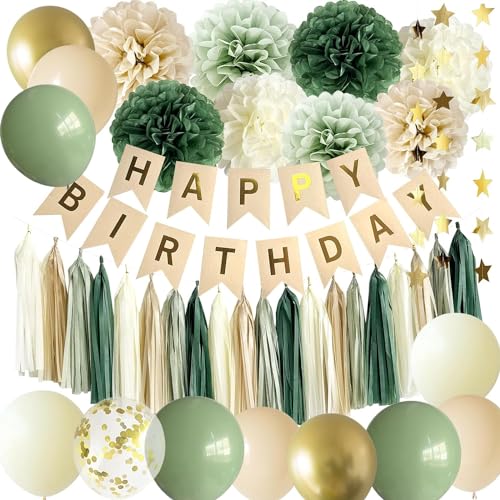 Acidea Geburtstagsdeko Grün Gold, Deko Geburtstag Mädchen,Dschungel Kindergeburtstag Deko Avocado Grüne Gold Luftballons, Happy Birthday Banner Eukalyptusblätter Babyparty Deko