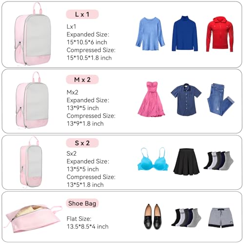 Voova 6 Set Compression Packing Cubes, Travel Accessories Expandable Packing Organizer Bags Set for Carry on Suitcase, Durable Luggage Packing Cubes for Travel Essentials, Pink - Image 2