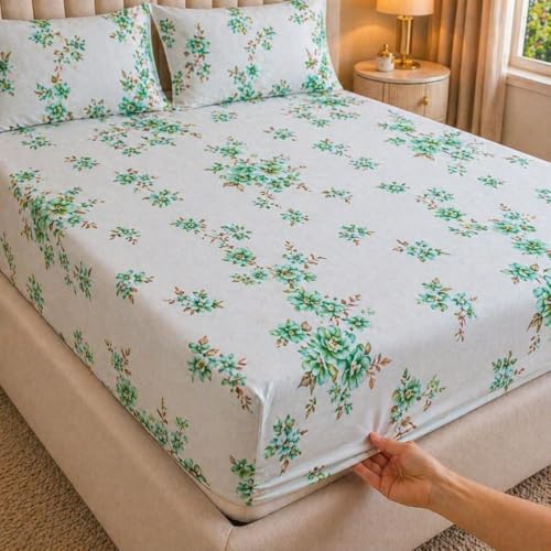 Image of Castiqa Elastic Fitted Supersoft Premium Brushed Cotton 200TC King Size Bedsheets with 2 Pillow Covers (Fits Upto Mattress of 10 Inches) (King (72x78), Onion Floral)