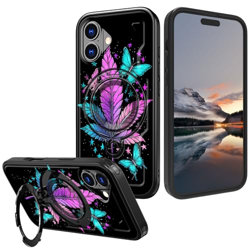 Qindaiwen for iPhone 16 Case with Stand & Ring Holder – Military Drop Protection, Heavy Duty Shockproof Hard PC Back & Soft Silicone Phone Cover for iPhone 16 6.1'', Leaf Butterflies