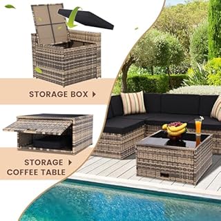 KROFEM 8-Piece Patio Furniture Set, Outdoor Wicker Rattan Sectional with Thick Cushions, Glass Top Table with Hidden Storage, Outdoor Conversation Set for Backyard, Porch, Patio, Black