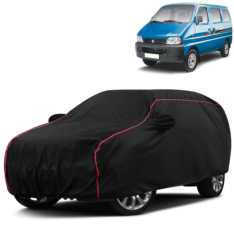 VOICO Water-Resistant Dustproof Car Cover for Maruti Suzuki Eeco - Mirror Pocket, UV Protection, Scratch Guard, Buckle Belt, Front & Back Bottom Elastic with Red Piping - Black