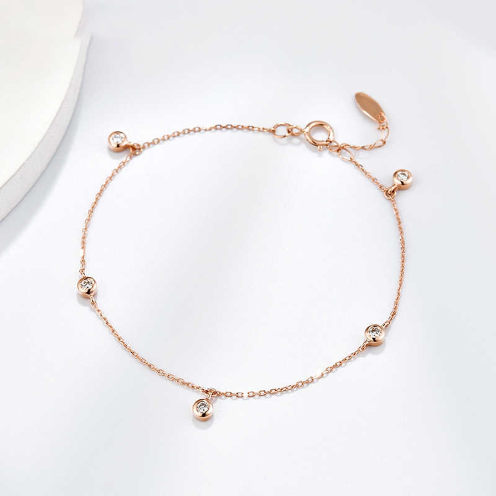 Pulseras de cadena para mujer, oro rosa redondo, diamantes de 0,15 quilates, pulsera para novia