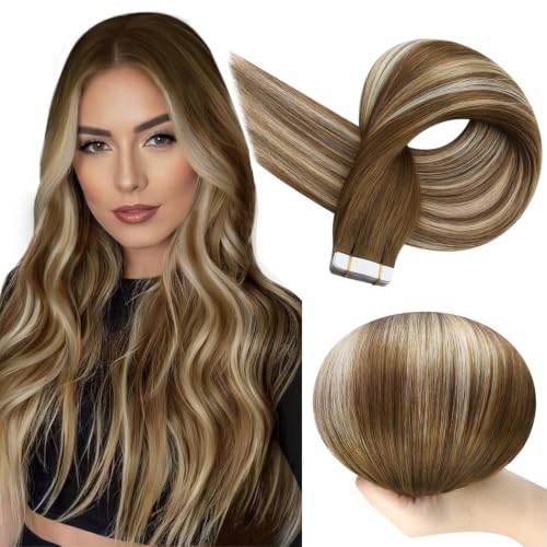 Full Shine Tape In Hair Extensions Human Hair, Brown Blonde 14 Inch