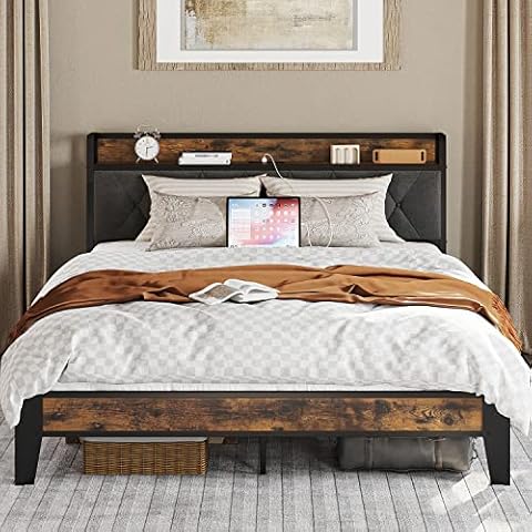 ANCTOR Queen Bed Frame, Storage Headboard with Outlets, Easy to Install, Sturdy and Stable, No Noise, No Box Springs Needed Cover
