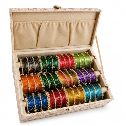Image of Multicolour glass bangles with ghungroo bangles combo set of 12 dozen with organiser box, bridal bangle sets, wedding gift boxes, jewellery sets festive