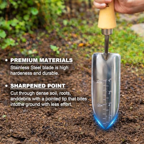 Image of Berry&Bird 4 inch Measuring Transplanting Trowel, Stainless Steel Garden Hand Shovel with Ash Wood Handle & Leather Hanging Loop, Heavy Duty Gardening Tool for Digging, Planting, Potting & Loosening Soil
