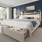 EnHomee King Size Bed Frame with 2 Storage Drawers & Upholstered Headboard,No Box Spring Needed, Easy Assembly, Noise Free, Beige